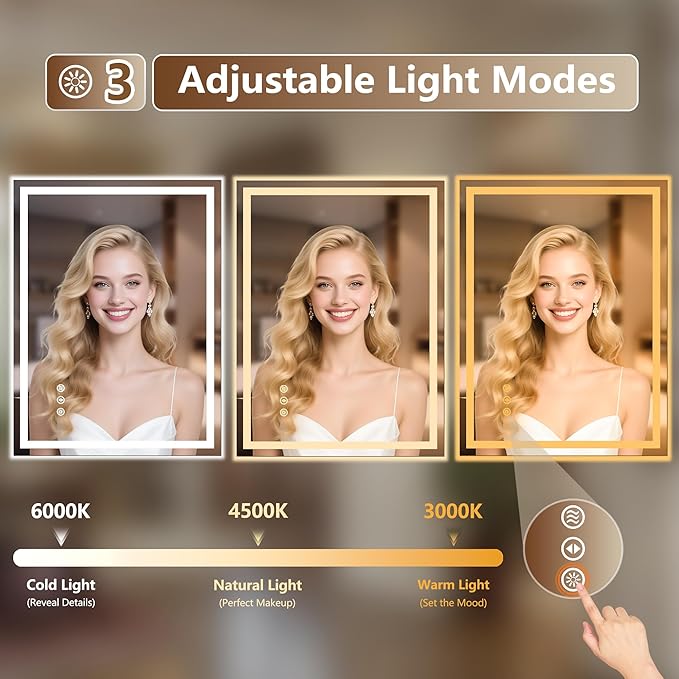 40x36 Inch LED Lighted Bathroom Mirror - Anti-Fog Vanity Mirror with Dimmable Front & Backlit, 3 Color Temp, Smart Memory - Shatterproof HD Glass, IP54 Waterproof Wall Mounted for Makeup Shaving