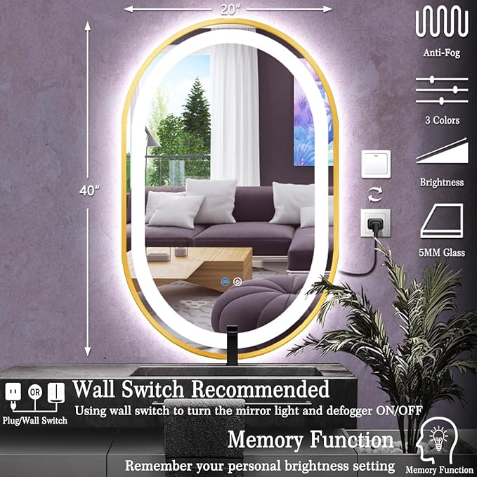 20 x 40 Inch Gold Oval LED Vanity Mirror with Lights Smart Memory 3 Color Dimmable Anti-Fog 40" Gold Framed Oval Lighted Mirror for Bathroom Salon Wall LED Ovals Mirror with Lights Frame
