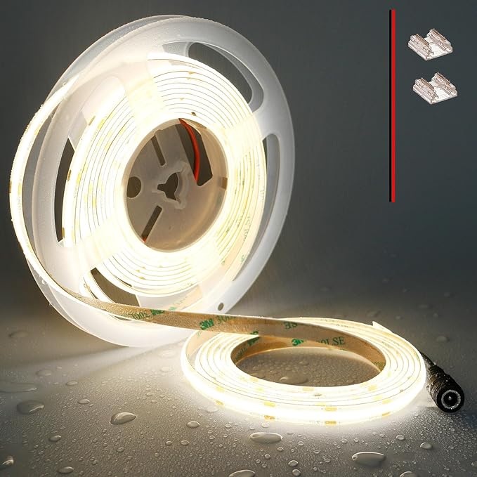 TOPAI 12V COB LED Strip Light 4000K Natural White Waterproof IP65 480LEDs/M Super Bright 4000Lm CRI>90 16.4ft/5M Self Adhesive Dotless Cuttable Flexible for Bedroom Cabinet DIY Lighting