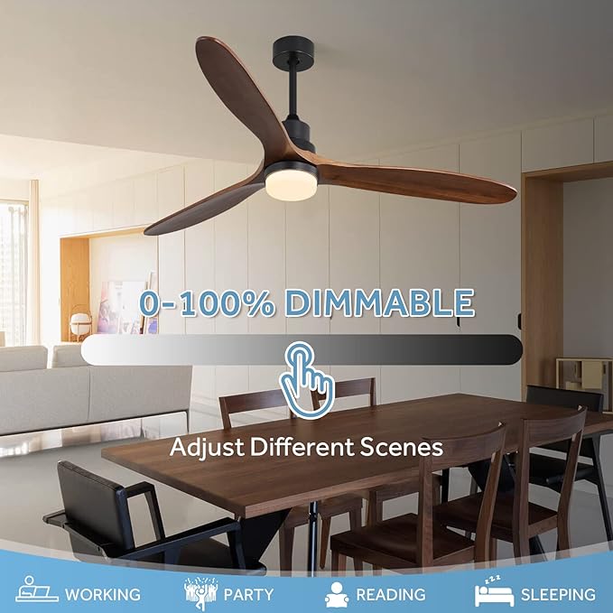 Sofucor Ceiling Fan with Lights, 60 Inch Low Profile Flush Mount Mordern Wood Ceiling Fan with Remote for Indoor Farmhouse Bedroom Living Room Outdoor Patio Porch, Reversible DC Motor, Noiseless
