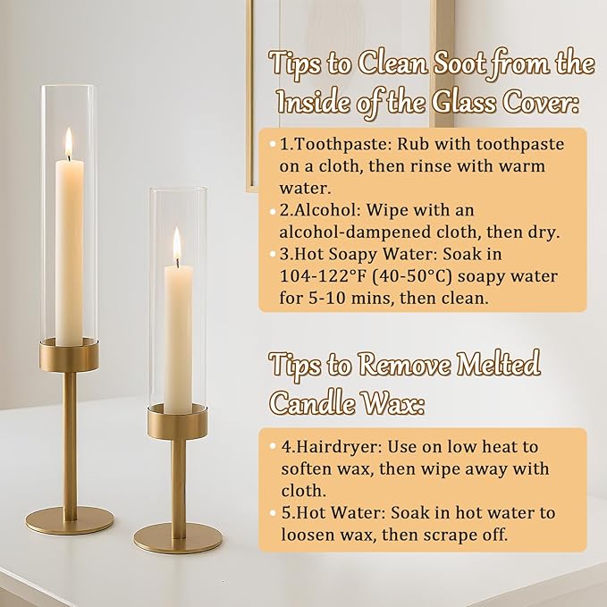 6Pcs Hurricane Glass Candle Holders Gold Candlestick Holders Taper Candle Holder with 9.8" Windproof Clear Cylinder Covers for Outdoor Indoor Tall Candle Stick Holder Decor for Wedding Party Fireplace