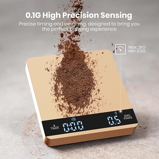 Mini Coffee Scale with Timer, Maestri House Rechargeable Espresso Scale, 2kg/0.1g Accurate Scale for Espresso and Pour-Over Coffee, Portable Digital Kitchen Scale with Automatic Timing-Gold