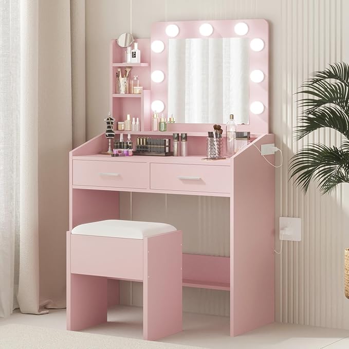 Vanity Desk with Lights and Mirror - Makeup Vanity Set with Power Outlet & USB Ports, 3 Lighting Modes, Adjustable Brightness, Includes 2 Drawers and Cushioned Stool, Small Dressing Table for Bedroom