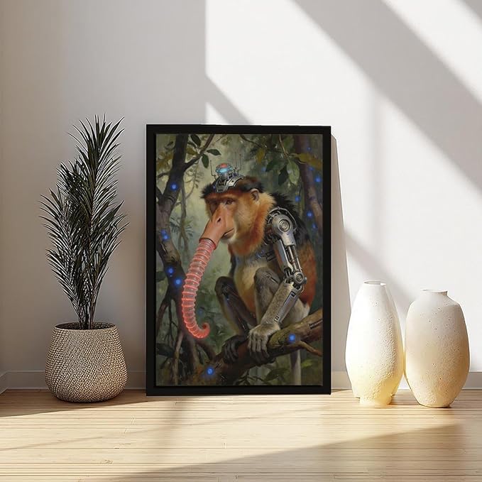 Framed Steampunk Mechanical Proboscis Monkey Wall Art - Jungle Neon Retro Poster for Apartment Leisure Area Decor 20x30in