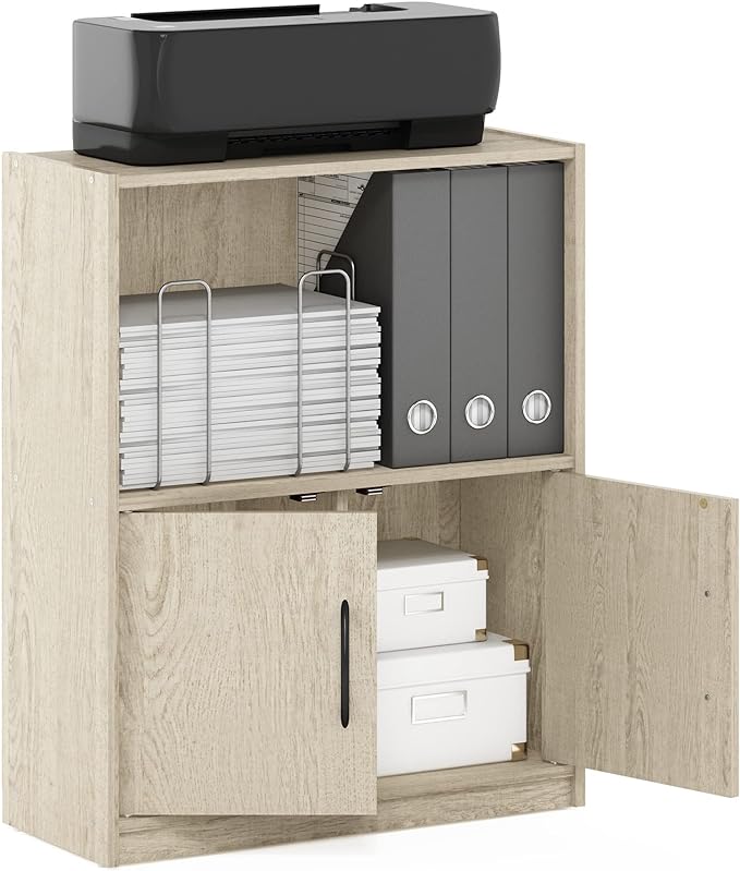 Furinno Gruen 2-Tier Open Shelf Bookcase with 2 Doors Storage Cabinet, Metropolitan Pine