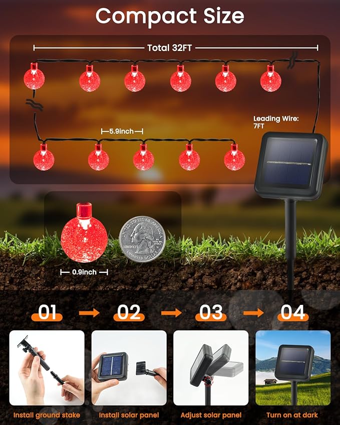 2-Pack 100 LED Red Solar String Lights Outdoor - 64FT Crystal Globe Waterproof Solar Powered Lights for Outside with 8 Lighting Modes for Patio Decorations, Garden, Party, Porch, Wedding, Yard