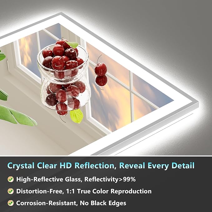 88x38 Brushed Nickel LED Bathroom Mirror with Lights, Sliver Framed Backlit and Front Lit Anti-Fog Lighted Vanity Mirrors for Bathroom Wall, Dimmable, 3 Colors, Memory, Tempered Glass, CRI＞90