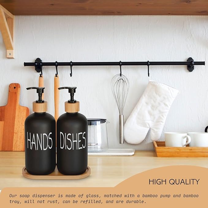 Glass Soap Dispenser Set. Hand and Dish with Bamboo Tray. Vintage Pump for Kitchen Drain Outlet Bathroom. Stylish Permanent Labels (Matte Black)
