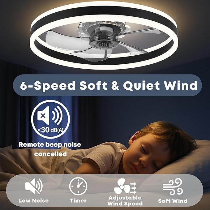 Ceiling Fan with Light, Upgraded 20‘’ Low Profile Fan, Flush Mount Ceiling Fan, 6 Speeds, Dimmable LED, App & Remote Control, Quiet DC Motor, for Bedroom, Living Room, F105 Black-D