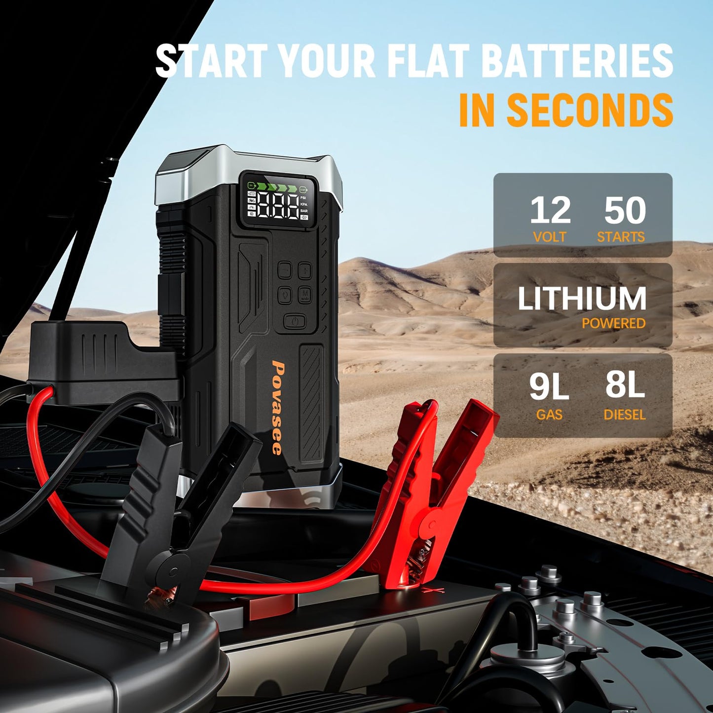 [2026NEW Model] 5000A Jump Starter with Air Compressor,Car Jumper Starter Portable with 150PSI Tire Inflator 12V Jump Box with LCD Display,Flashlight,Storage Case (Up 9L Gas/8L Diesel Engine