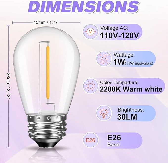 15 Pack Shatterproof S14 LED Replacement Bulbs for Outdoor String Lights, 1W Equivalent to 11W Incandescent Bulb, Warm White 2200K, Dimmable, E26 Regular Medium Screw Base