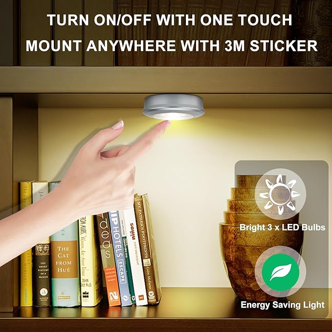 LUXSWAY Puck Light, LED Tap Light Push Lights, Battery Operated Stick On Night Light, Portable Under Cabinet Lights and Counter Lighting for Kitchen Sink, Shelf, 3-Pack, Silver