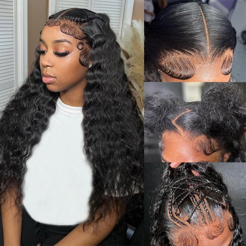 Bling Hair Princess 16 Inch Deep Wave Lace Front Wigs Human Hair 200 Density 13x6 HD Transparent Lace Deep Curly Lace Frontal Wigs Natural Black Curly Human Hair Wig Pre Plucked