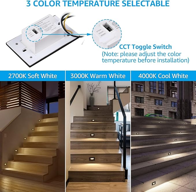 LEONLITE 3CCT LED Step Lights 120V-277V, 150LM 2.5W Dimmable Horizontal Stair Lights Indoor Outdoor IP65, CRI90 & ETL, 2700K3000K4000K Selectable Zinc Alloy Staircase Lights, Oil Rubbed Bronze, 3 Pack