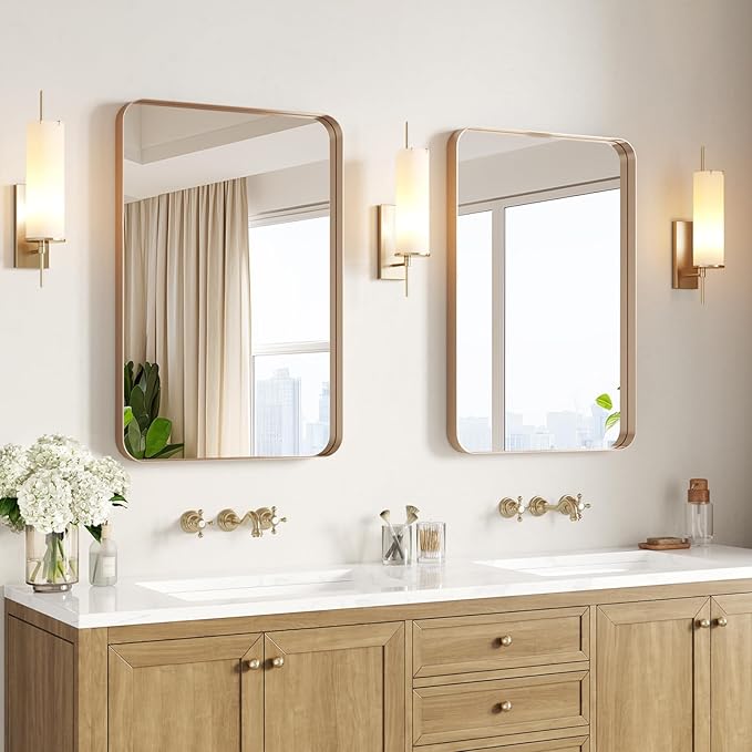 USHOWER Gold Bathroom Mirrors 22"x30" 2 Pack, Brushed Gold Rounded Rectangle Mirrors for Over Sink, Aluminum Frame, Anti-Rust, Tempered Glass, Horizontal or Vertical Mounted