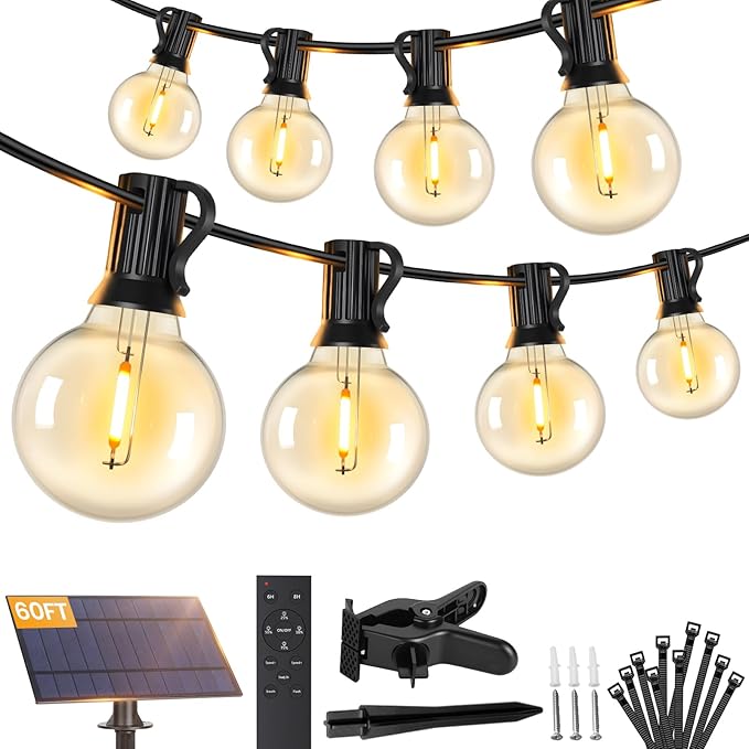 Brightever Solar String Lights Outdoor with Remote, 60FT 25+1 LED G40 Bulbs Shatterproof Patio Lights, IP65 Waterproof Dimmable Hanging Solar Power Globe LED Outdoor Lights for House, Market, Bistro
