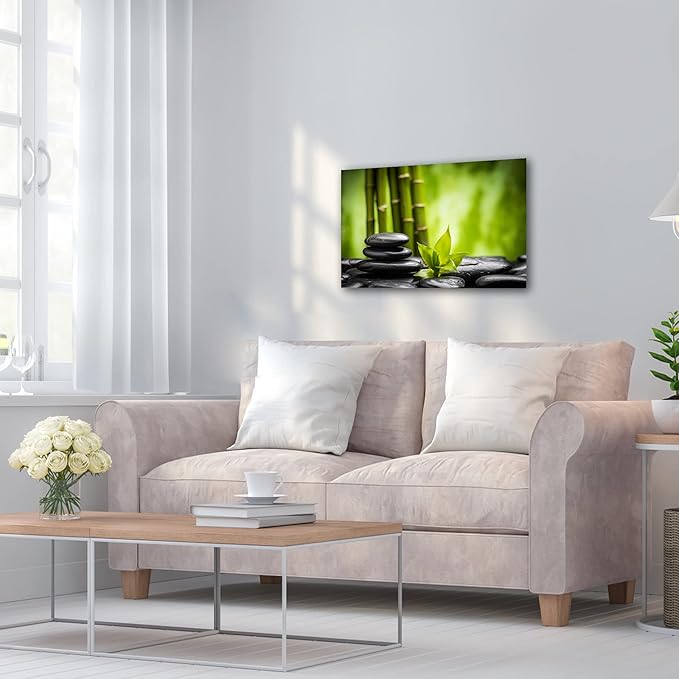 GUTTATY Zen Wall Art Decor, Modern Bathroom Zen Decor Wall Art, Relaxing Canvas Wall Art for Spa Zen Room Decor, Green Bamboo Forest and Pebble Art Prints for Office & Spa Wall Decor 12x18 Inches