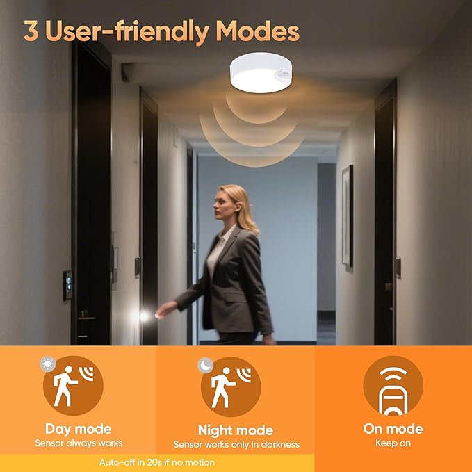 Battery Motion Sensor Ceiling Light: Indoor LED Wireless Ceiling Lights with Remote - Cordless Motion Activated Wall Lamp with Timer for Closet Hallway Bedroom (Battery Powered)