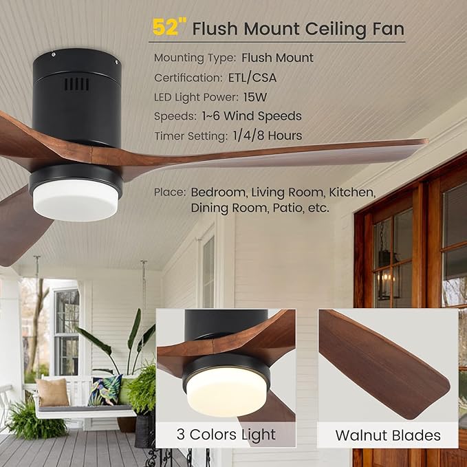 Ceiling Fans with Lights, 52" Wood Ceiling Fan with Remote Control, 3 Walnut Fan Blades Reversible Quiet DC Motor 6 Speeds Timing Farmhouse Ceiling Fan for Bedroom/Living Room/Study/Porch