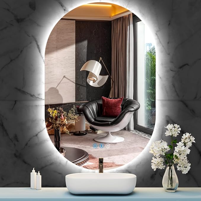 THEKLA LED Oval Backlit Mirror for Bathroom Wall Vertical Horizontal Mount Makeup 16 x 24 inch Frameless Backlight Oval Lighted Vanity Mirror with Lights Smart Memory 3 Color Backlit Dimmable Anti-Fog