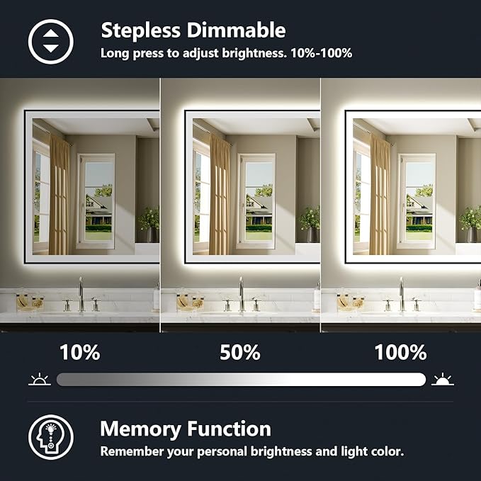 60x40 Inch LED Bathroom Mirror with Lights (Front Lit and Backlit) Black Framed Lighted Vanity Mirror for Bathroom Wall Dimmable Anti-Fog Memory Tempered Glass Horizontal/Vertical