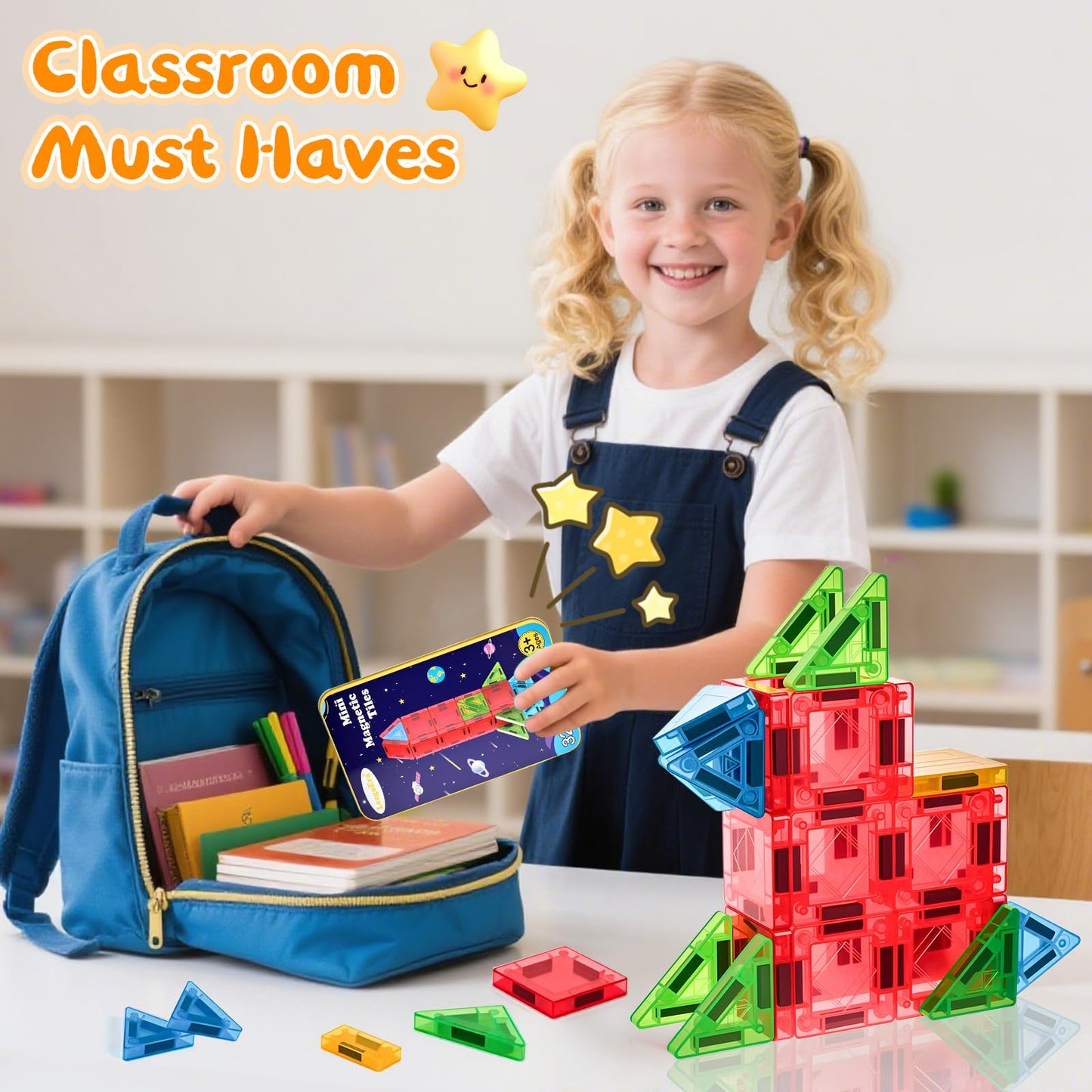 Magnetic Tiles Building Blocks Toy Set: Portable Mini Size Magnetiles Travel Set 32 Pieces with Iron Tin Construction Toys Gift for Kids Girls and Boys Ages 3-12 Years Old School Classroom Must Haves