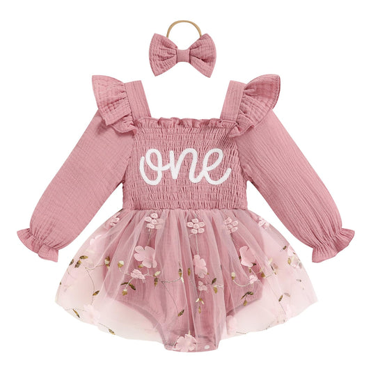 TITKKOP Baby Girl 1st Birthday Clothes One Year Old Tulle Romper Long Sleeve Bodysuit Cake Smash Outfits(rose pink,12-18M)