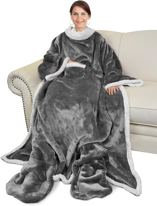 Catalonia Sherpa Wearable Blanket with Sleeves & Foot Pockets for Adult Women Men, Comfy Snuggly Wrap Sleeved Throw Blanket Robe, Gift Idea, Grey