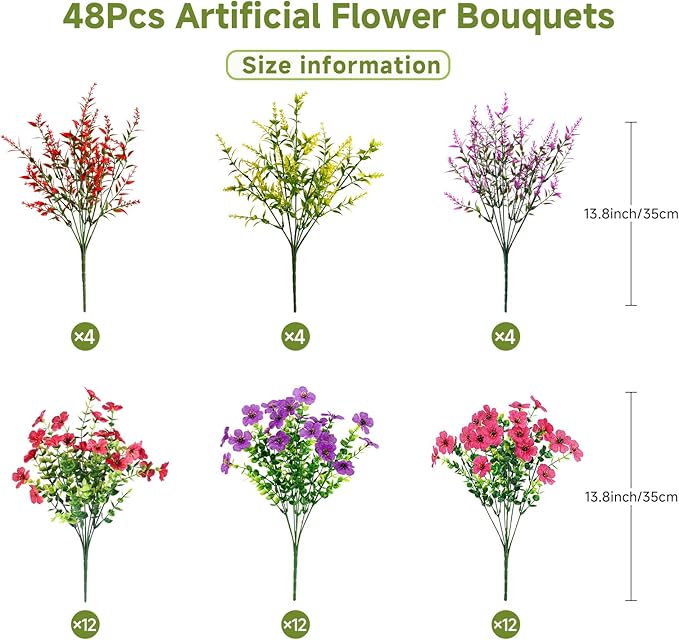 SHareconn 48 Bundles Artificial Flowers for Outdoors Decoration, Faux Plants Fake Silk Colorful Daisy Eucalyptus Lavender, UV Resistant for Outside Home Porch Patio Indoor Spring Decor, Mix 3 Colors