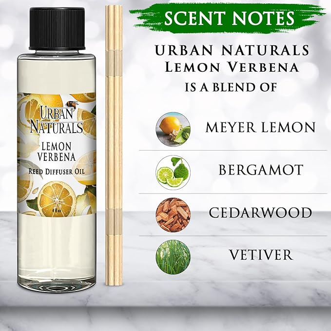 Urban Naturals Lemon Verbena Scented Oil Reed Diffuser Refill | Includes a Free Set of Reed Sticks, 4 oz (2 Pack)