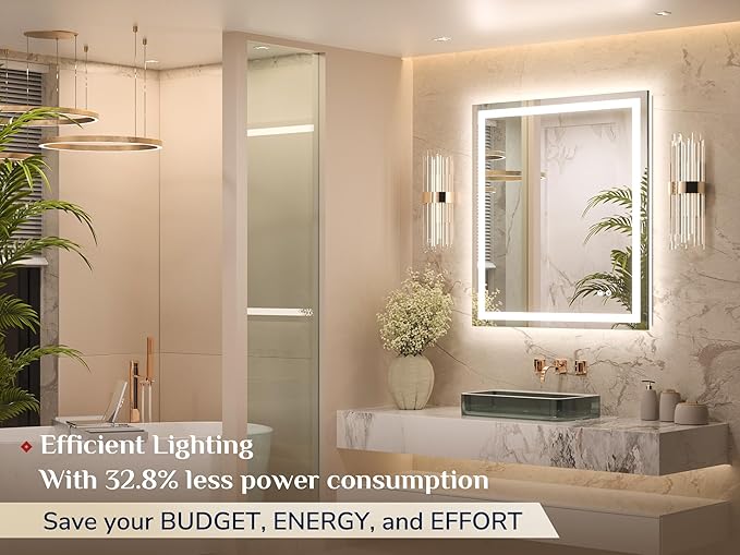 Keonjinn 30 x 36 Inch LED Bathroom Mirror with Lights, Vanity Mirror with Frontlit & Backlit, Dimmable 3-Color Temperature, Lighted Mirror with Anti-Fog, Tempered Glass(Horizontal/Vertical)