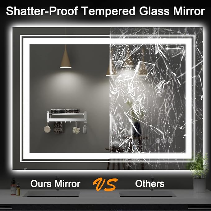LED Bathroom Mirror, 40"x32" with Front and Backlit, Anti-Fog, Bathroom Vanity Mirror for Wall, Memory Function, Stepless Dimmable, Tempered Glass (Horizontal/Vertical)