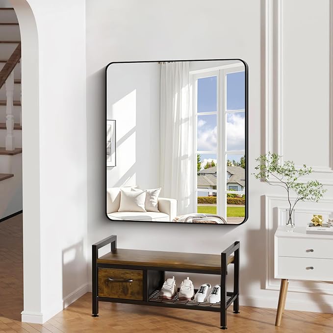 40" x 36"Bathroom Mirror, Matte Black Wall Mirror with Metal Frame, Decorative Rectangular Vanity Mirror for Bedroom Bathroom Living Room Entryway (Horizontal/Vertical)