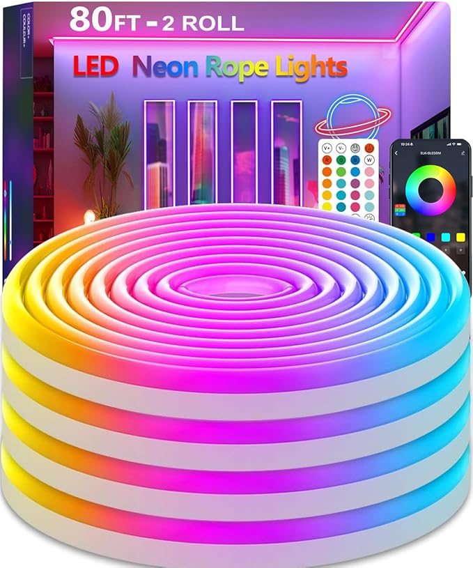 80FT (2 Rolls 40FT) Neon Rope Lights,Flexible Led Rope Lights Control with App/Remote,Multiple Modes Rope Lights,IP67 Outdoor Waterproof,Music Sync Light Strip for Bedroom