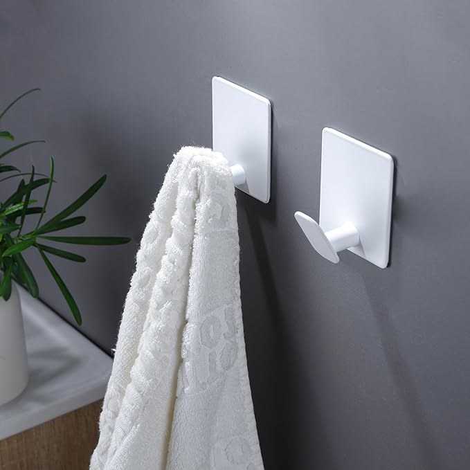 DELITON Adhesive Hooks for Hanging, 8 Pack White Wall/Towel Hooks for Bedroom Kitchen No Drill, Heavy Duty Sticky Shower Hook for Robes Coats Waterproof Stainless Steel