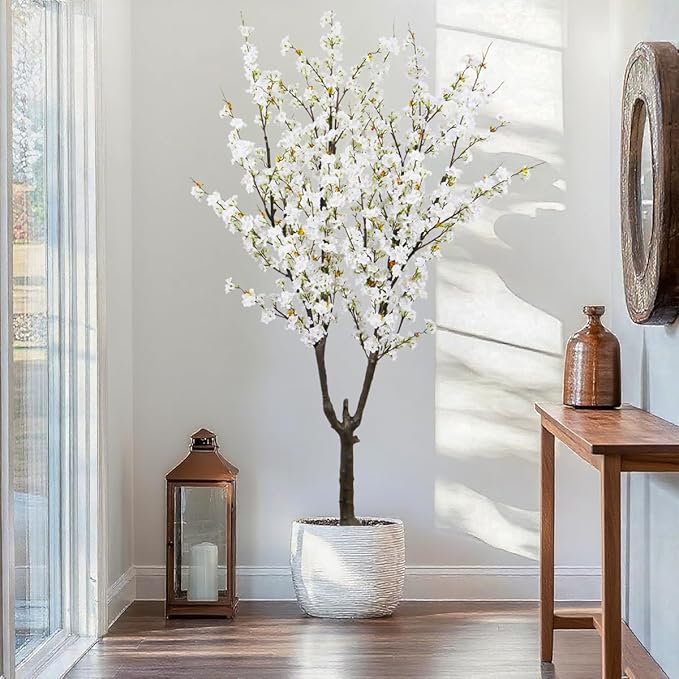 Artificial Cherry Blossom Tree 6ft Tall Indoor Faux White Flower Tree,Fake Cherry Blossom Tree for Home Office Party Wedding Decor