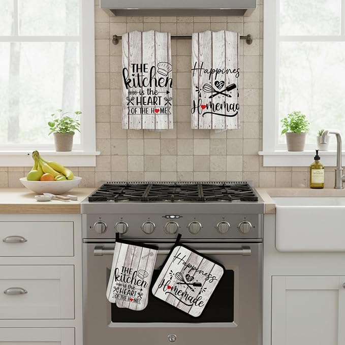 Sratte 6 Pcs Kitchen Decor Accessories Set Farmhouse Towels Pot Holders Oven Mitts Set 2 Dish Towels 2 Potholders 2 Cooking Mittens Oven Glove for Christmas Baking Cooking(White Wood Grain)