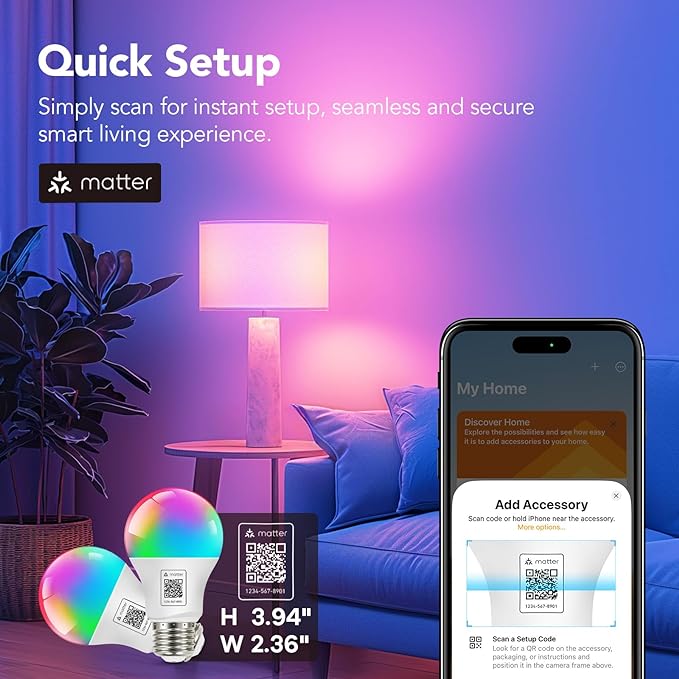 OREiN Matter Smart Light Bulb, Smart Light Bulbs with Remote Control Work with Apple Home, Alexa, Google Home, SmartThings, Color Changing Light Bulbs 2.4Ghz WiFi, 800 Lumens Equivalent 60W 4Pack