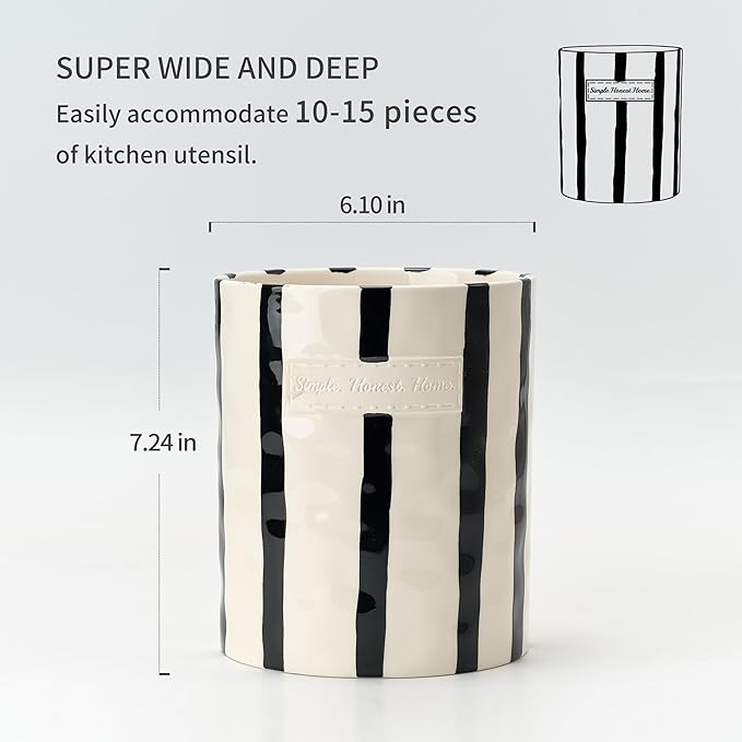 JIEMEI HOME Kitchen Utensil Holder, 7.2" Ceramic Stable Utensil Crock for Countertop, Modern Minimalism Style Cooking Tool Organizer with Cork Mat, Spatula Holder For Kitchen Decor, Black stripes