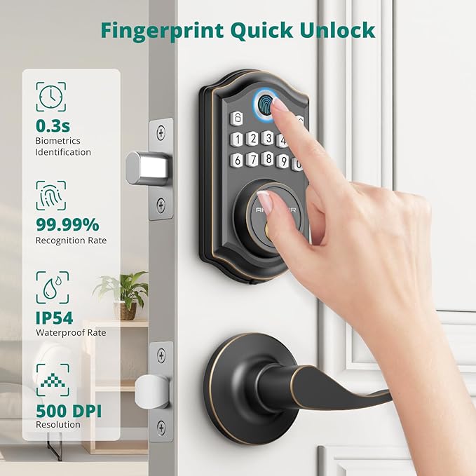 DS10 Keyless Entry Door Lock with 2 Lever Handle, Fingerprint, Keypad Code, 2 Keys, Smart Locks for Front Door, Bedroom, One-time Code, Auto-Lock, Easy Installation - Oil Rubbed Bronze