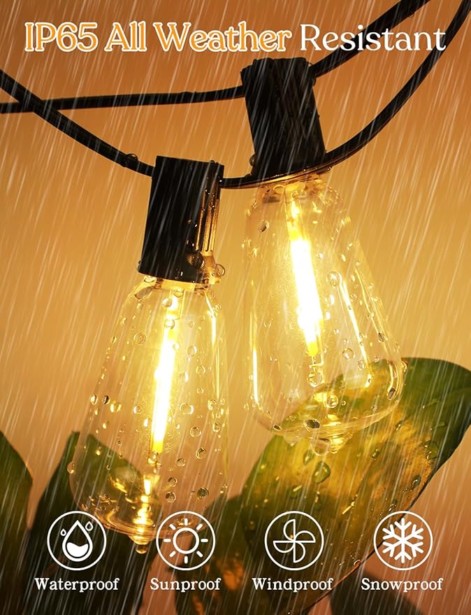 GHUSTAR 100FT LED Outdoor String Llights (NOT Solar) – Patio Lights Outdoor Waterproof for Outside – 2700K Vintage Edison Bulb String Light – Shatterproof Hanging Light for Cafe Porch Deck