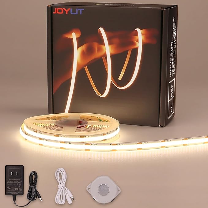 JOYLIT Motion Sensor LED Light Strip 4000K Natural White 16.4FT 15-300S Timing Off, Day or Night Lighting Modes 12V COB Dotless Tape Light for Closet, Cabinet, Stair, Mirror