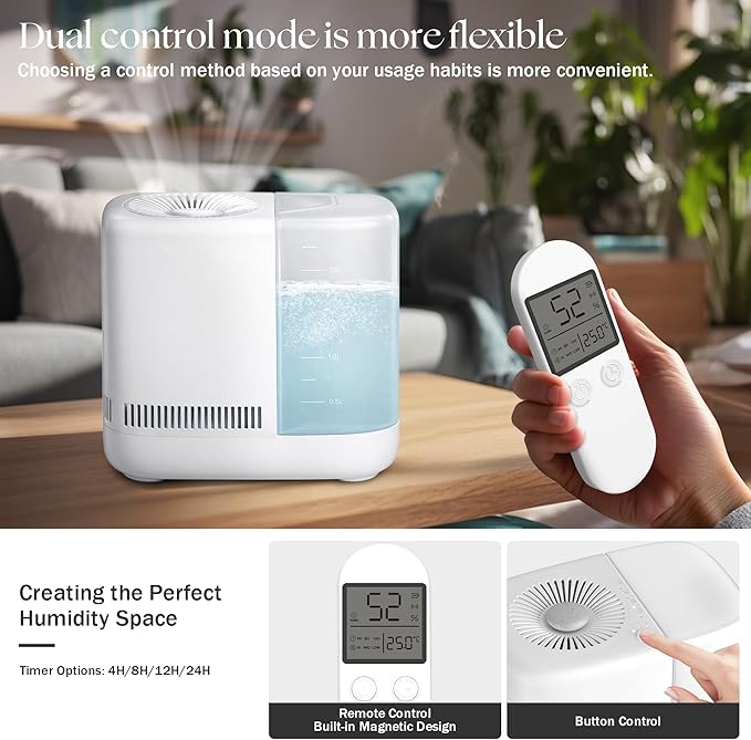 Evaporative Humidifier for Bedroom (No Mist) – Dishwasher Safe, No White Dust, Smart Remote with Sensor, Red Sleep Light, White Noise, Nursery Humidifier with 2.5L Tank, 2 Filters & Aroma Kit