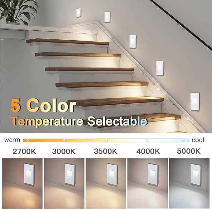 4-Pack Vertical LED Step Lights, Color Adjustable (2700K-5000K), IP65 Waterproof, 3W 70LM, 120V Stair Lights Indoor Outdoor, 10%-100% Dimmable, White, ETL Certified