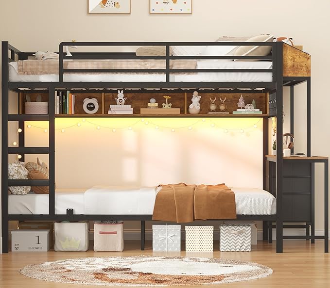 VIAGDO Bunk Bed Twin Over Twin with Charging Station and LED Lights, Heavy Duty Metal Bunk Bed with Desk and 3 Storage Drawers, Utility Storage Shelf and Boxes, No Box Spring Needed, Black