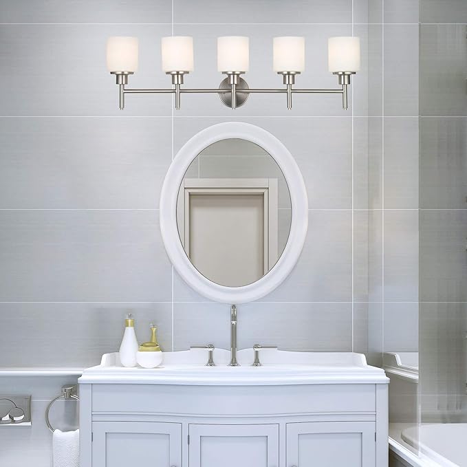 Design House Aubrey 5-Light Vanity Light, Satin Nickel Finish, Frosted Glass Shades, Dimmable, Bathroom Wall Fixture – Design House, 556225