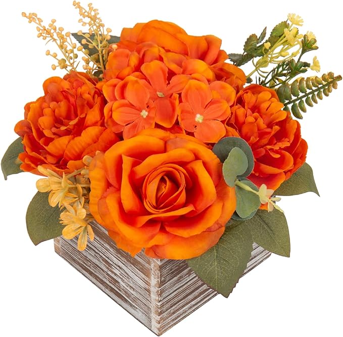 Flower Arrangement with Wooden Vase 8" Artificial Flowers in Pot - Fake Flowers Roses Peonies Hydrangeas in Wooden Vase Potted Artificial Flower Centerpieces for Table Decor Living Room - Burnt Orange