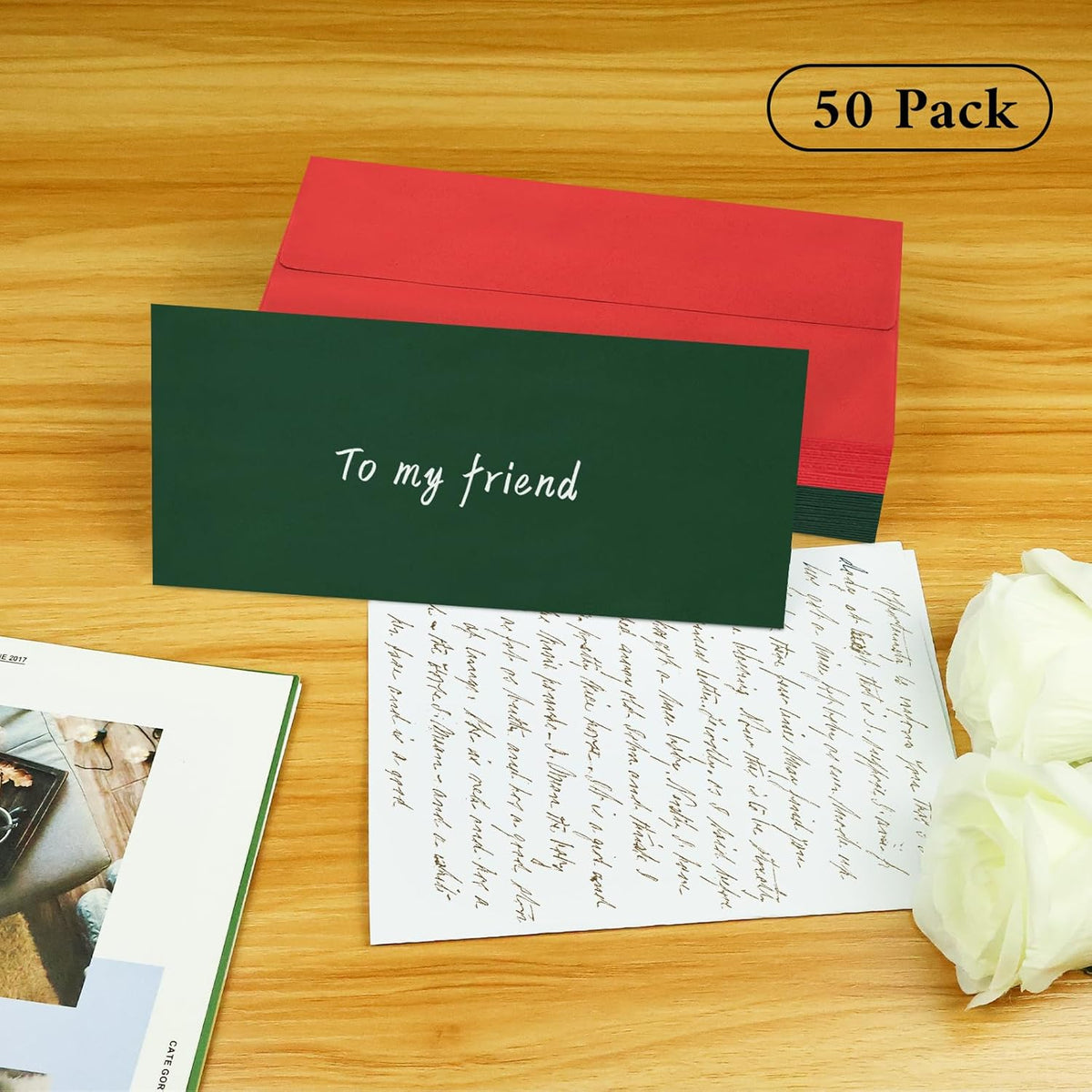 50 Pcs #10 Business Envelopes, 25 Pcs Red and 25 Pcs Dark Green Standard Envelopes Self Seal, Letter Size Mailing Envelopes for Christmas Birthday Graduation Wedding, 4 1/8 x 9 1/2 Inch