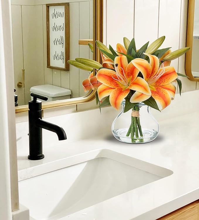 Hollyone Tiger Lily Fall Flowers Artificial for Decoration in Vase Real Touch Orange Autumn Silk Faux Flowers Arrangements with Glass Vase with Fake Water Lily Centerpiece Fall Decorations for Home