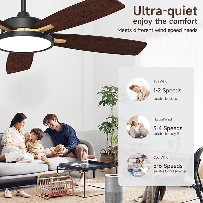 Roomratv Ceiling Fans with Lights,52 inch Smart Ceiling Fans with Dimmable LED Light Compatible with Google Home Alexa App Control(Black Gold